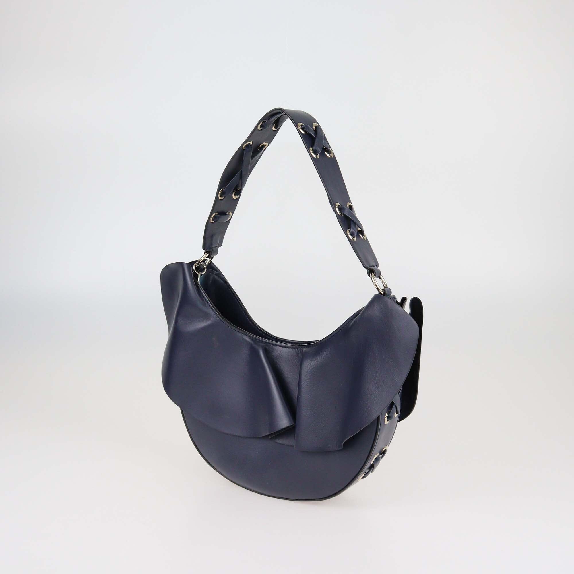 RED Valentino Navy Blue Leather Detailed Raffled Hobo Womens Red Valentino 