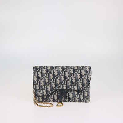 Christian Dior Navy Blue Oblique Canvas Saddle Chain Pouch