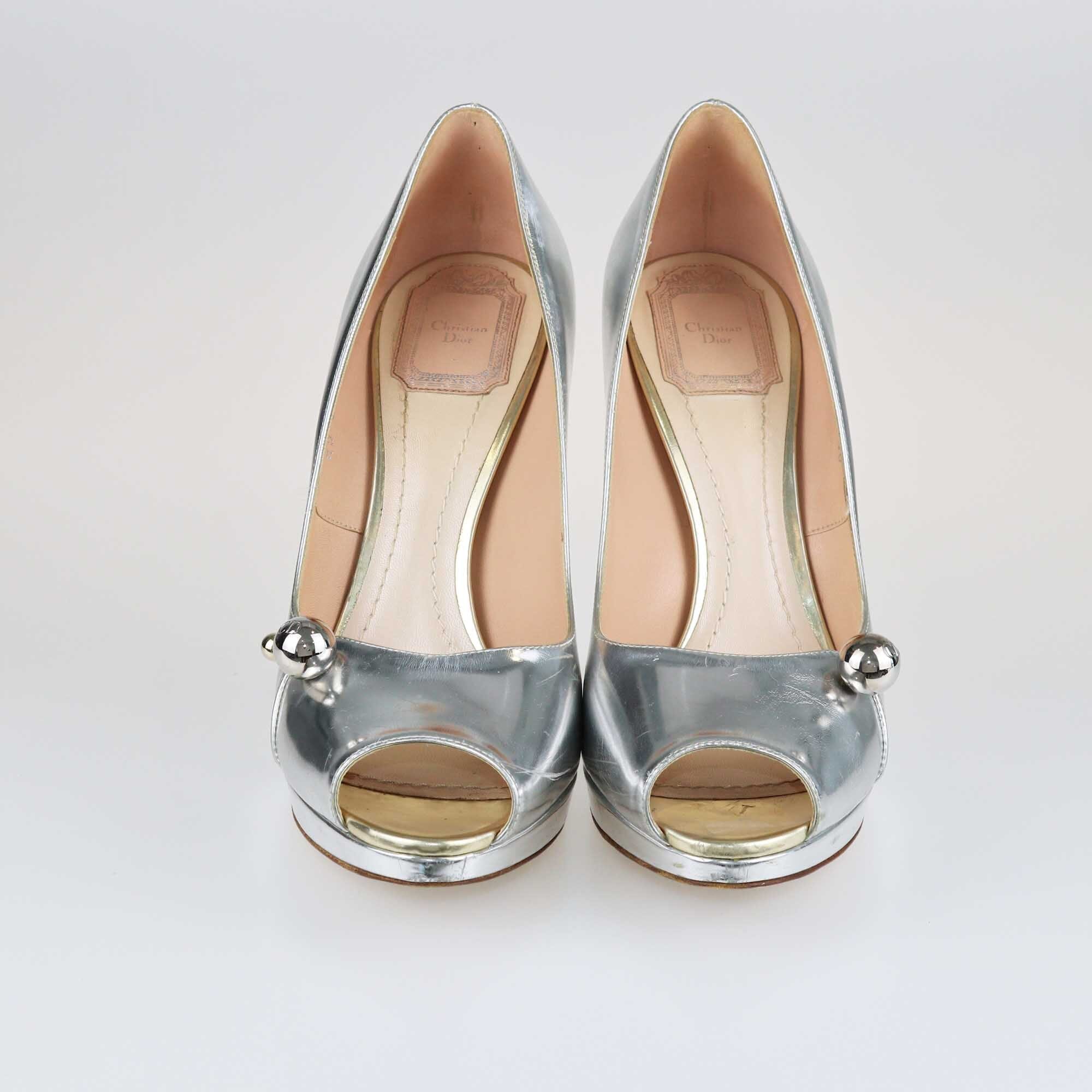 Dior Silver Leather Platform Peep Toe Pumps Shoes Christian Dior 