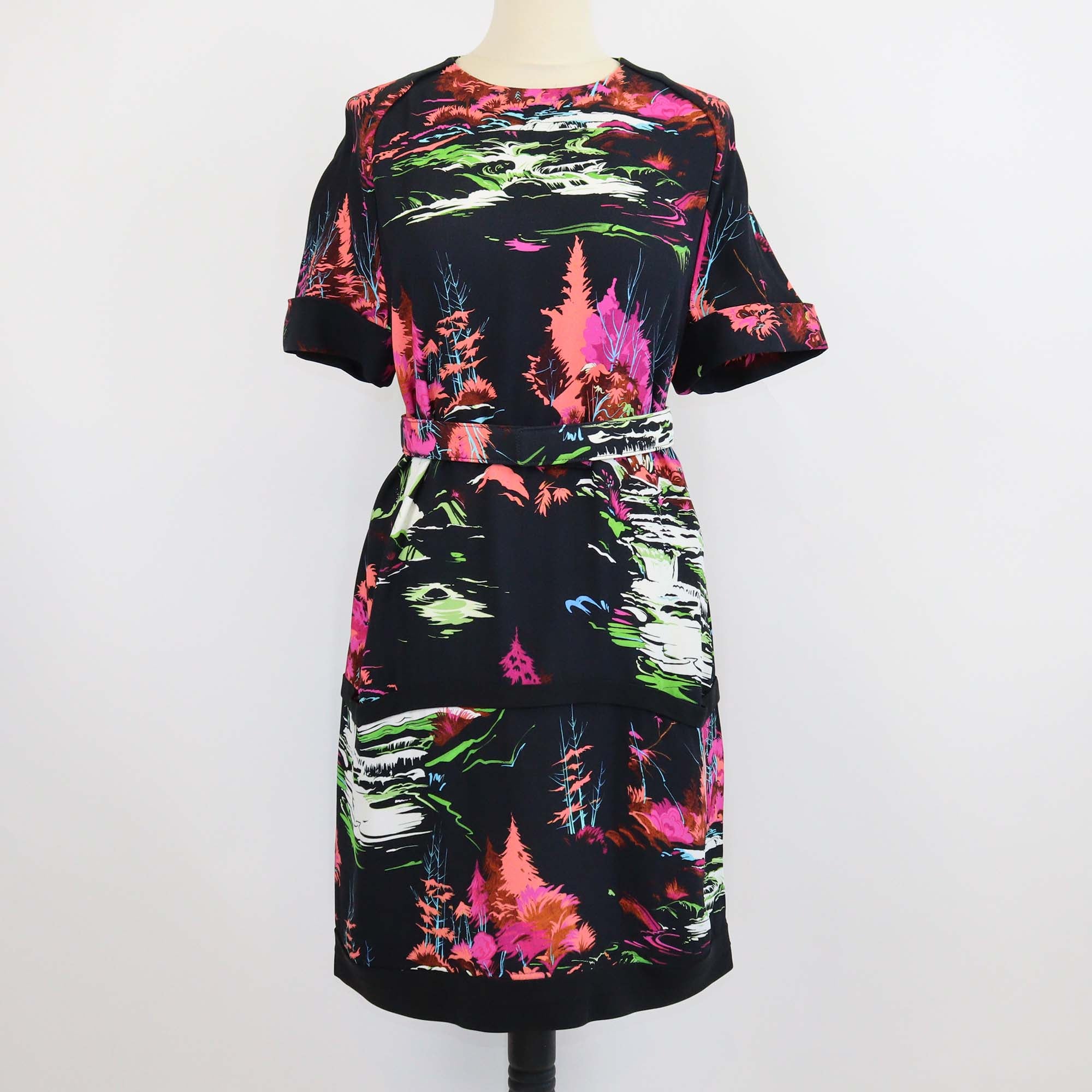 Balenciaga Black/Multicolor Rayon Forest Print Short Sleeve Midi Dress w/Belt
