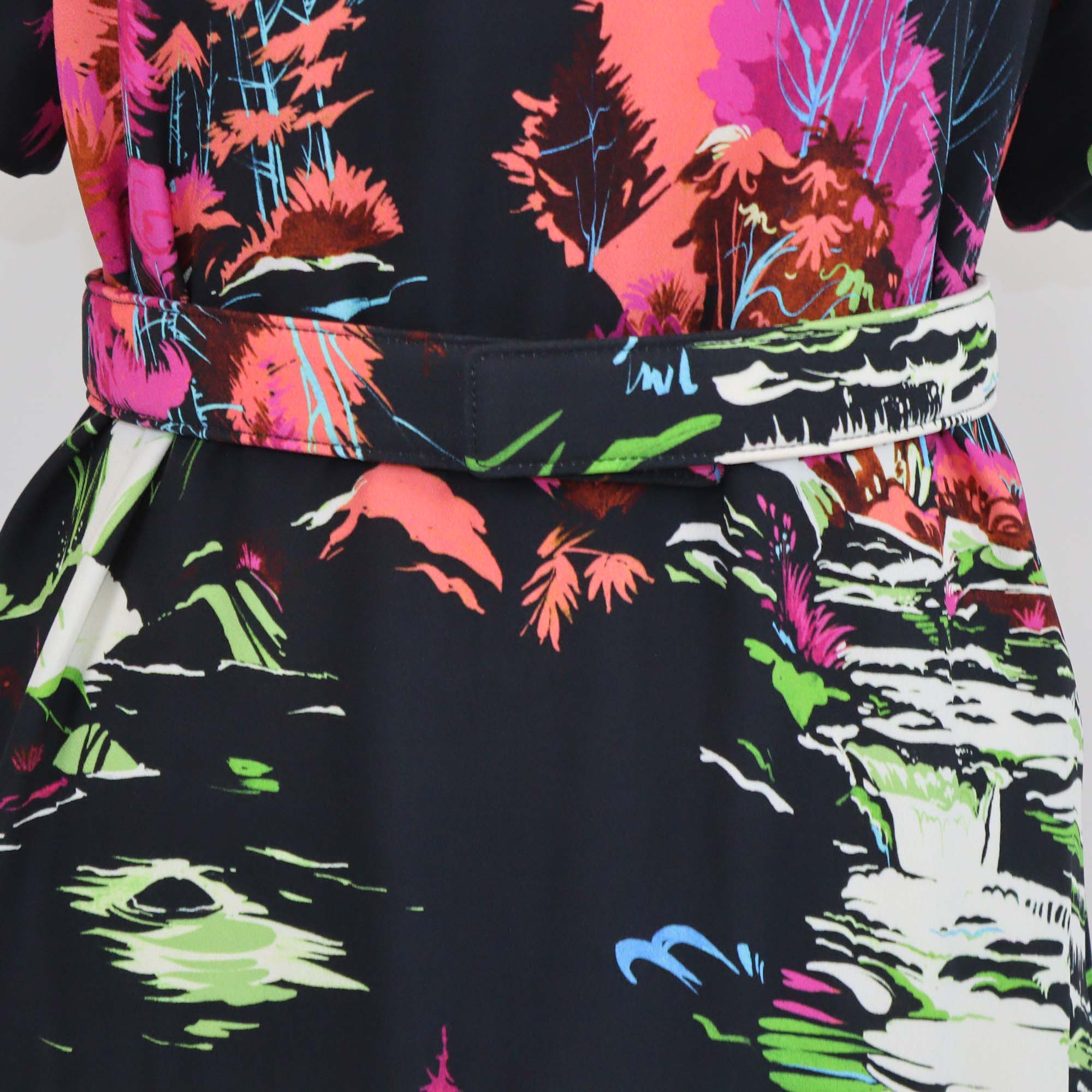 Balenciaga Black/Multicolor Rayon Forest Print Short Sleeve Midi Dress w/Belt