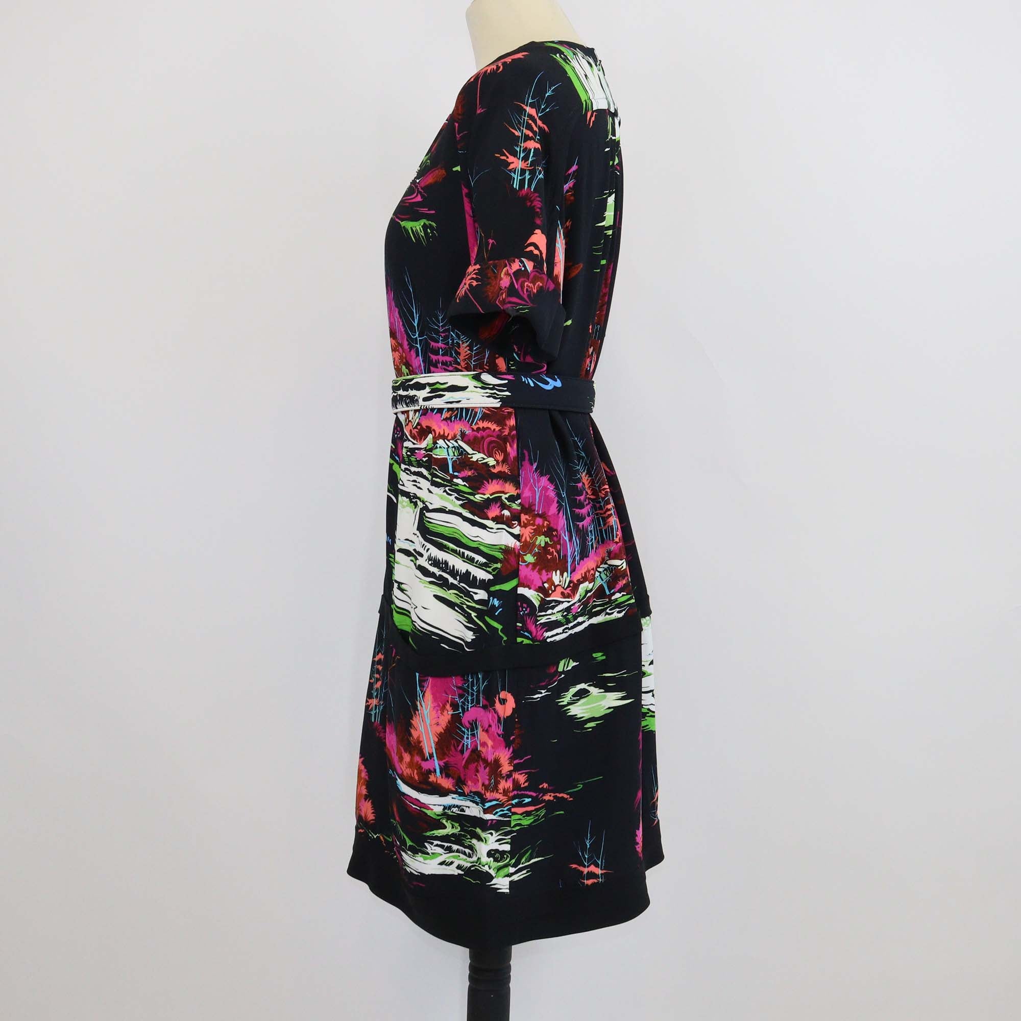 Balenciaga Black/Multicolor Rayon Forest Print Short Sleeve Midi Dress w/Belt