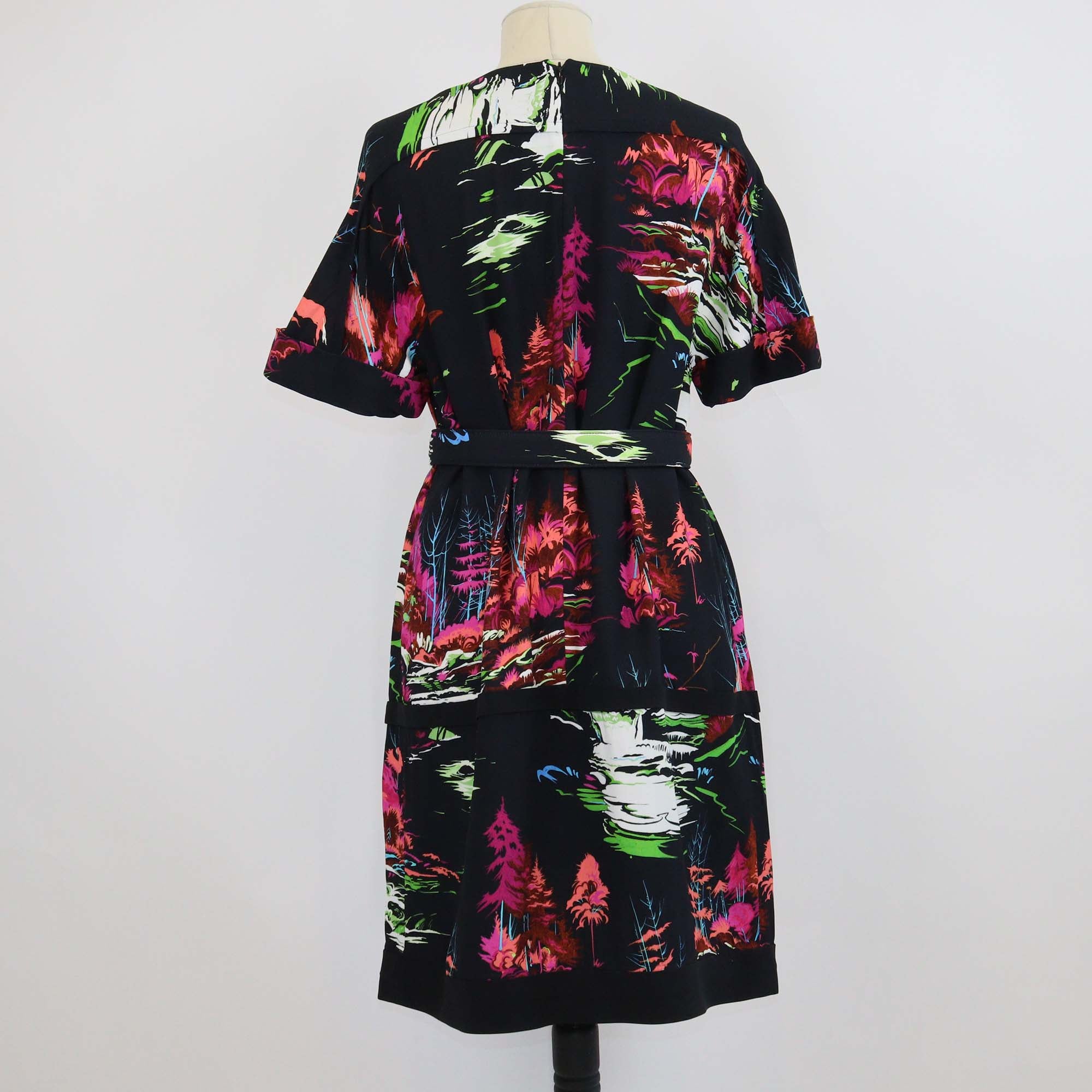 Balenciaga Black/Multicolor Rayon Forest Print Short Sleeve Midi Dress w/Belt