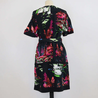 Balenciaga Black/Multicolor Rayon Forest Print Short Sleeve Midi Dress w/Belt