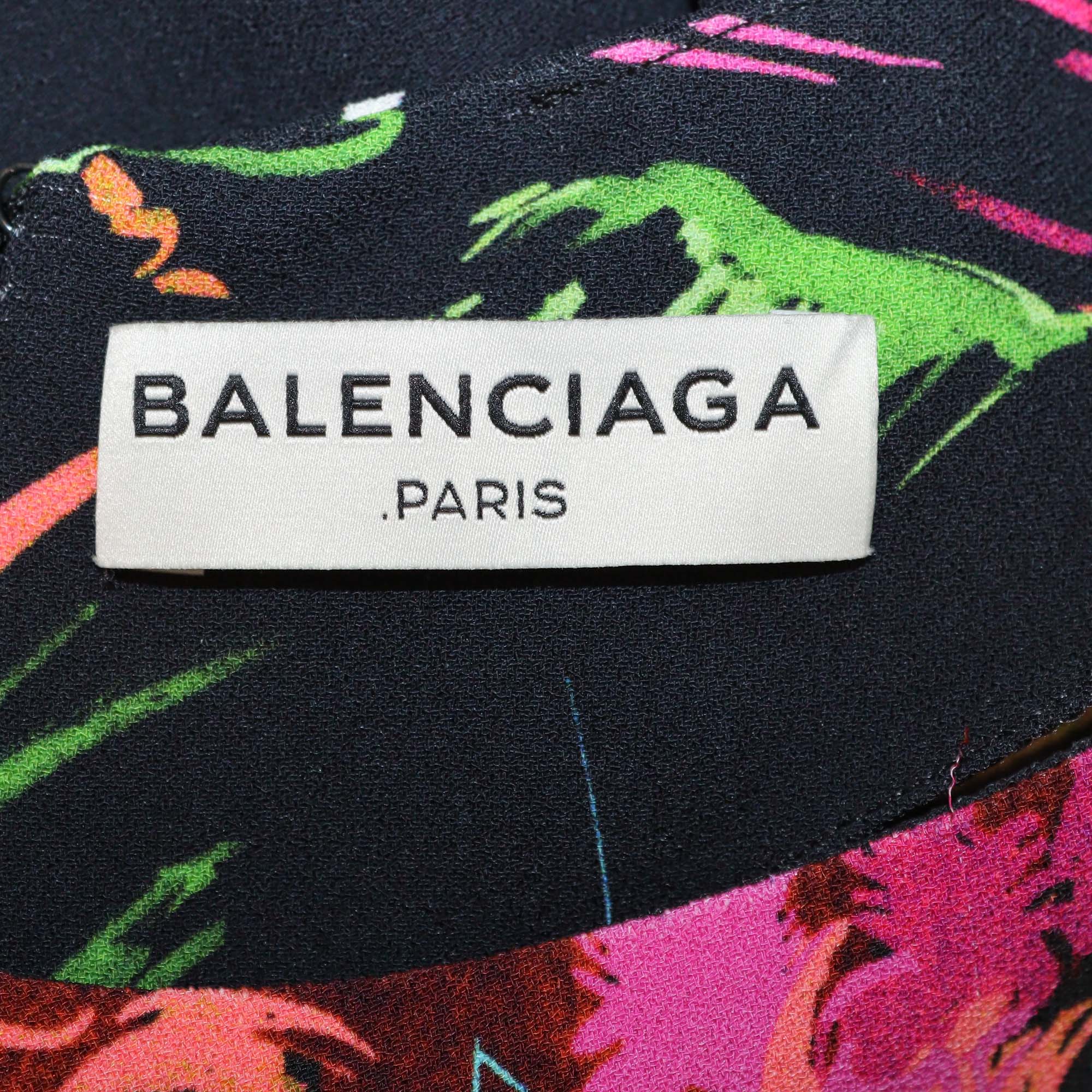 Balenciaga Black/Multicolor Rayon Forest Print Short Sleeve Midi Dress w/Belt