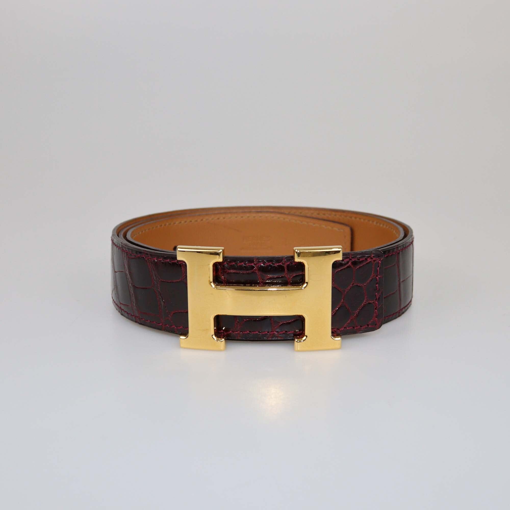 Hermes Burgundy Shire Croc Porosus H Buckle Belt Womens Hermes 