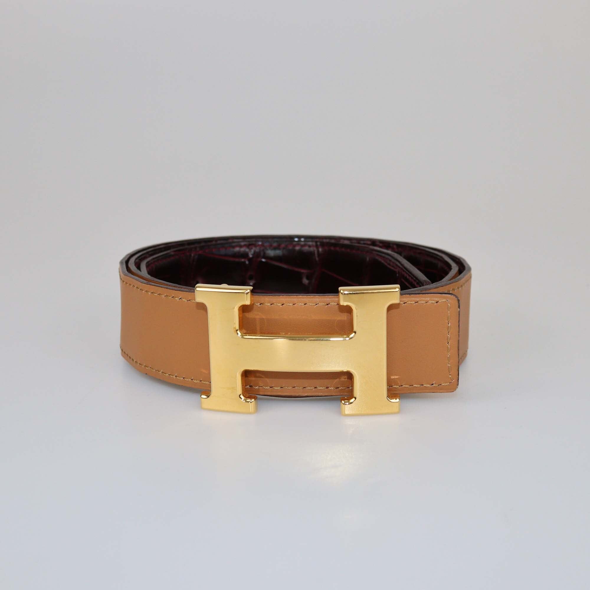 Hermes Burgundy Shire Croc Porosus H Buckle Belt Womens Hermes 