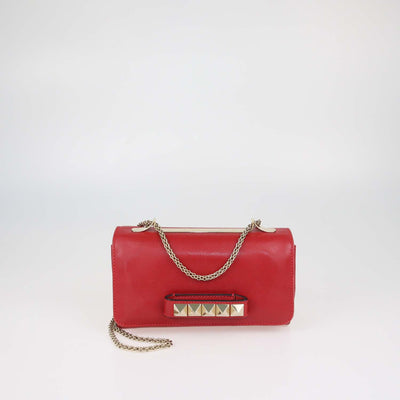 Valentino Red Leather Rockstud Va Va Voom Chain Clutch