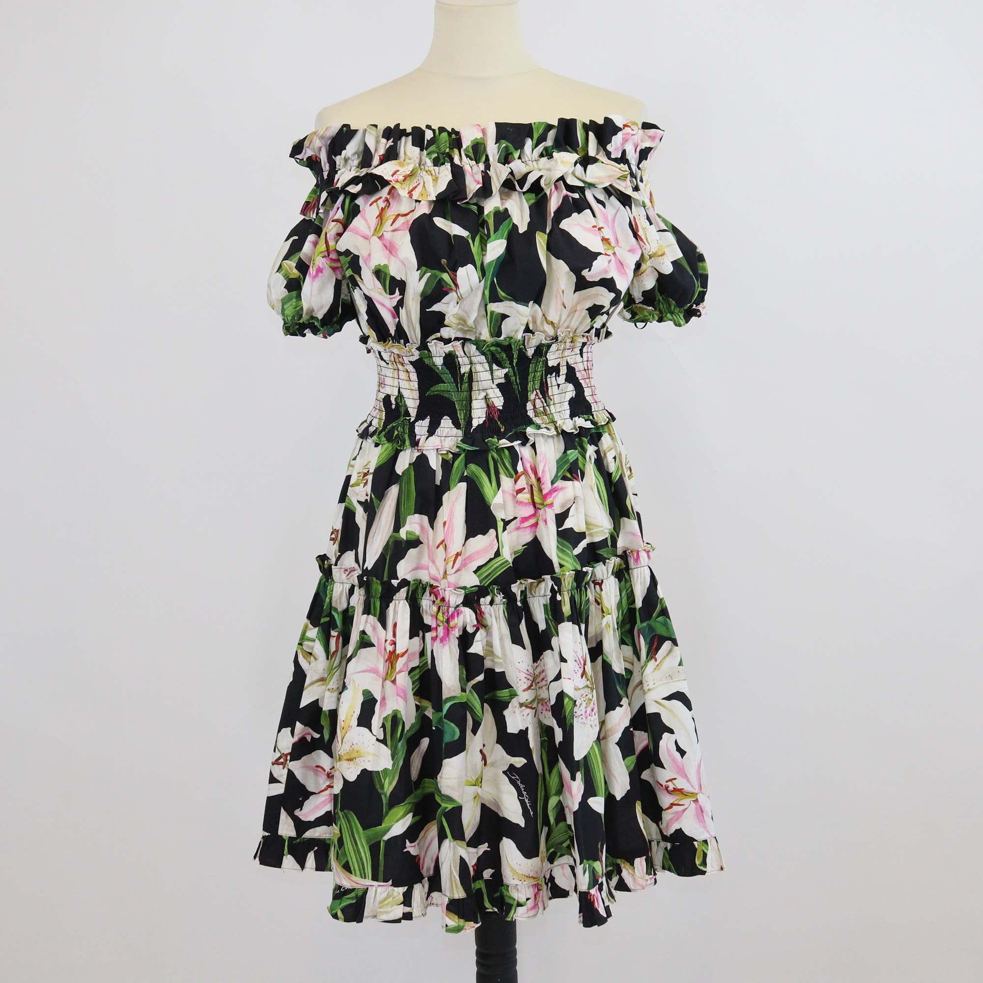 Dolce & Gabbana Multicolor Cotton Lily Print Smocked Waist Off Shoulder Midi Dress