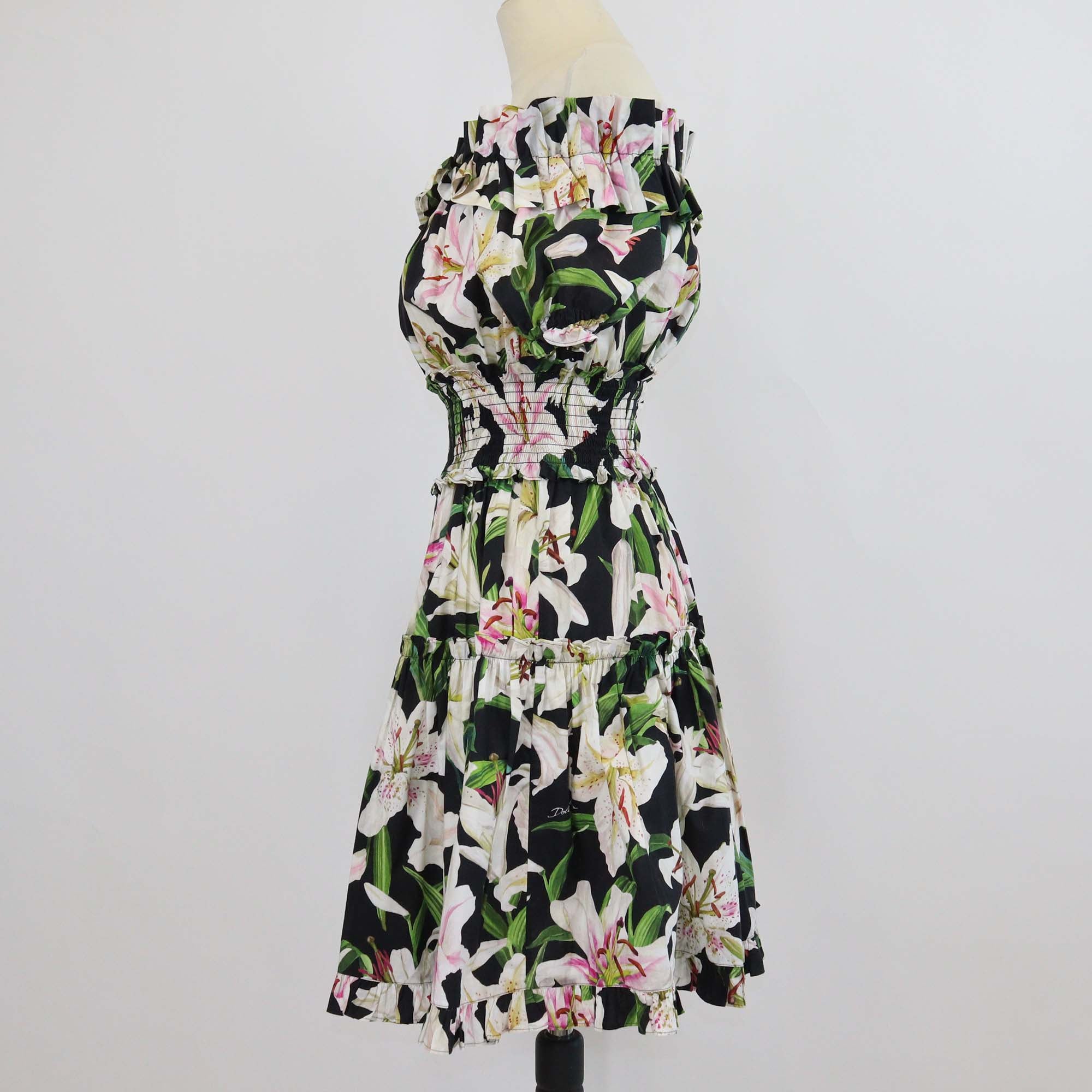Dolce & Gabbana Multicolor Cotton Lily Print Smocked Waist Off Shoulder Midi Dress
