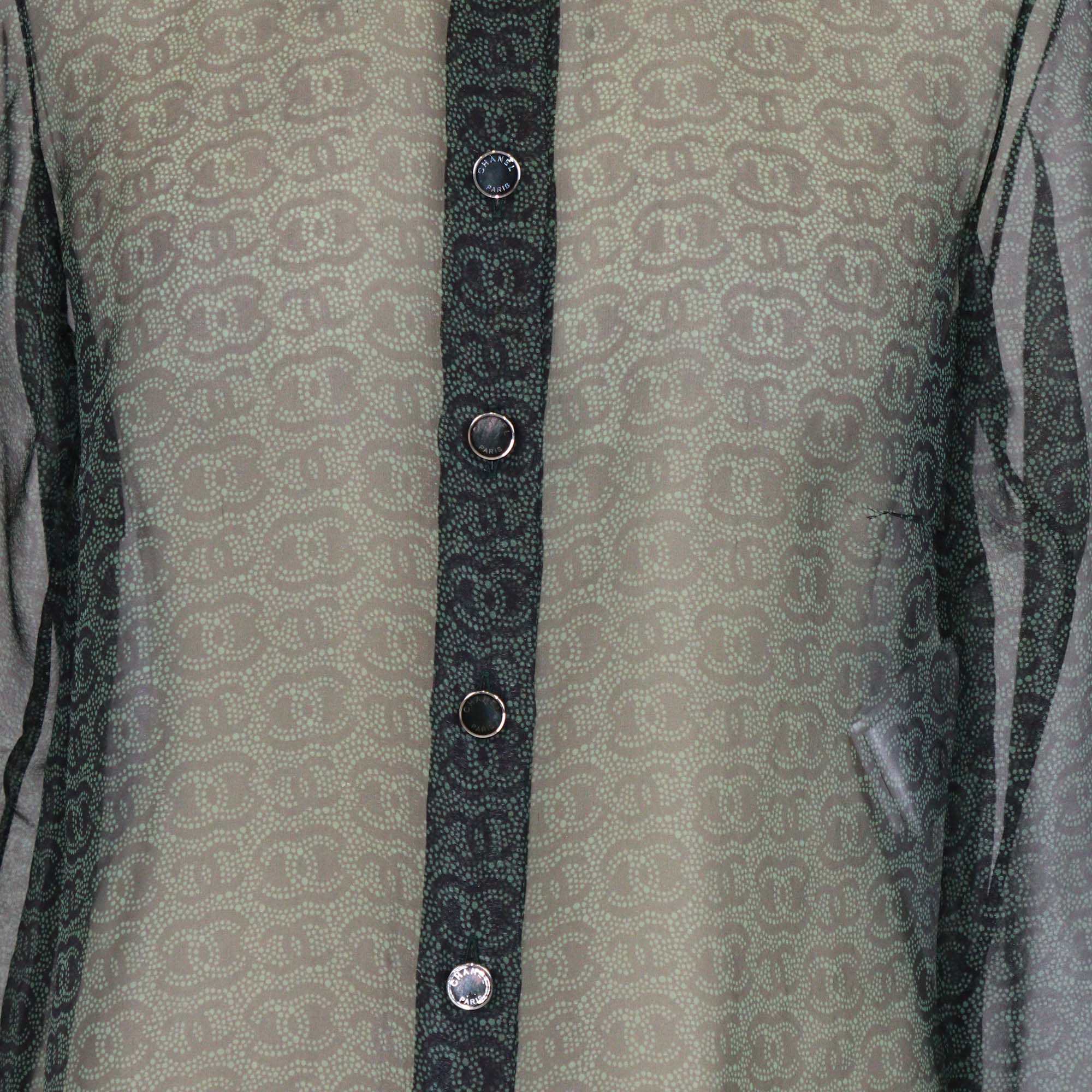Chanel Green/Black Blend Silk CC Overall Button Organza Shirt