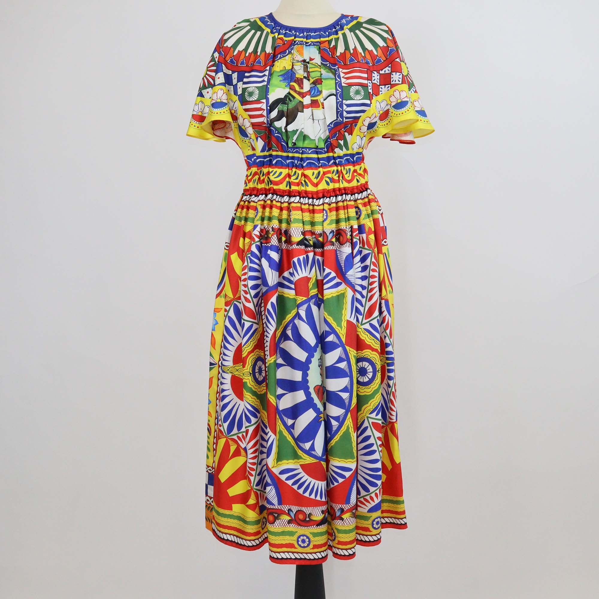 Dolce & Gabbana Multicolor Silk Carreto Print Pleated Midi Dress