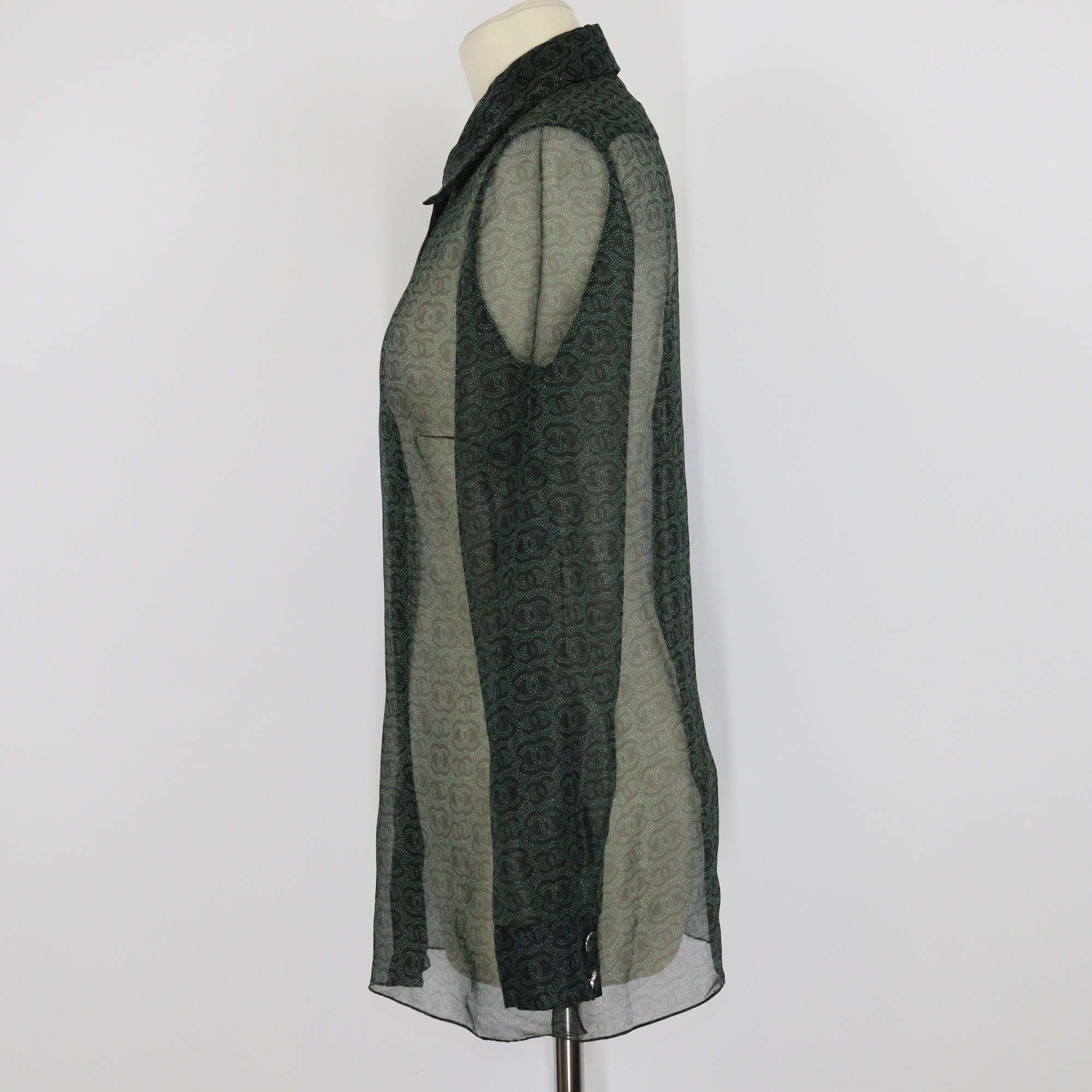 Chanel Green/Black Blend Silk CC Overall Button Organza Shirt