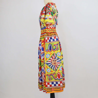 Dolce & Gabbana Multicolor Silk Carreto Print Pleated Midi Dress