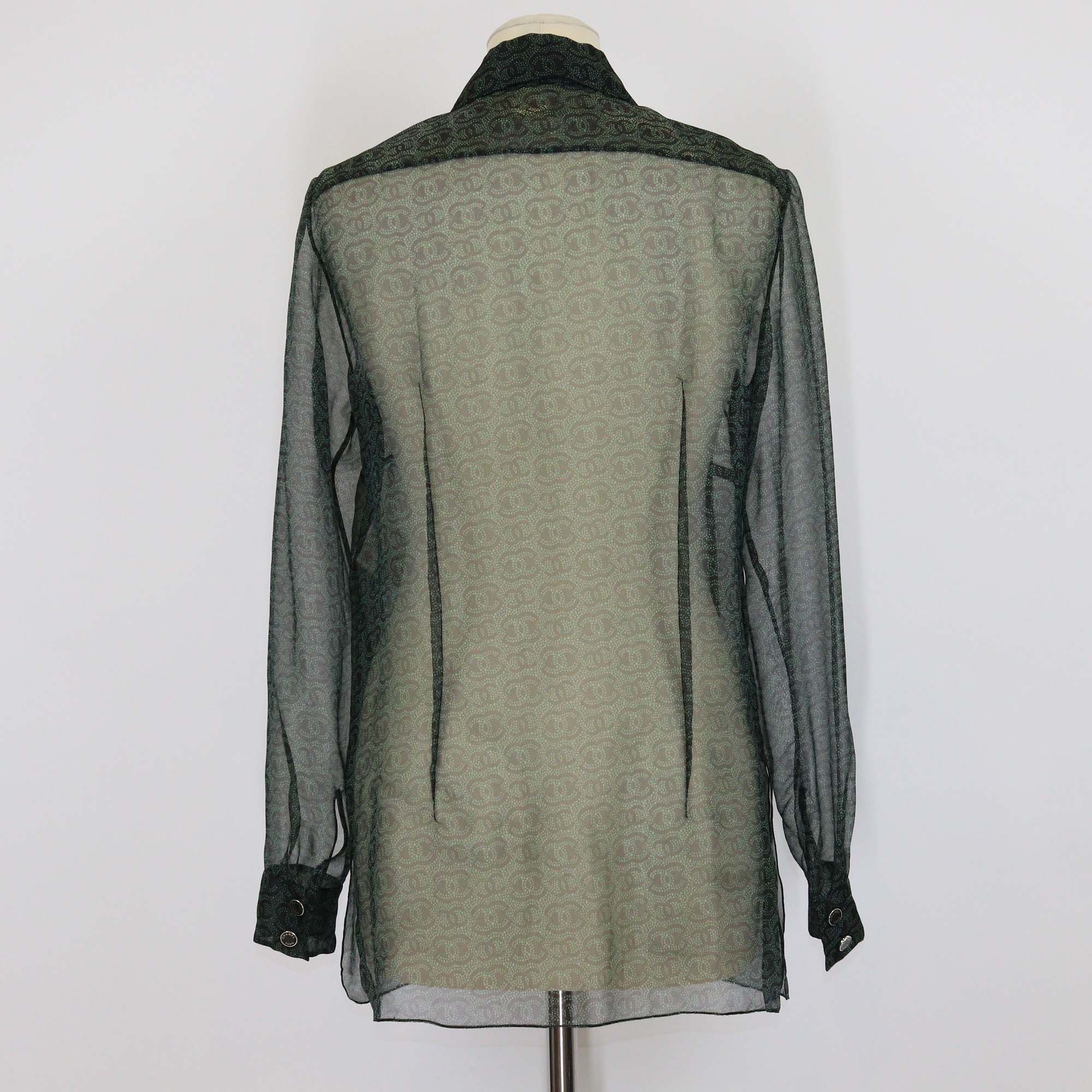 Chanel Green/Black Blend Silk CC Overall Button Organza Shirt