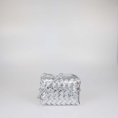 Bottega Veneta Silver Intreccio Leather Mini Loop Camera Bag