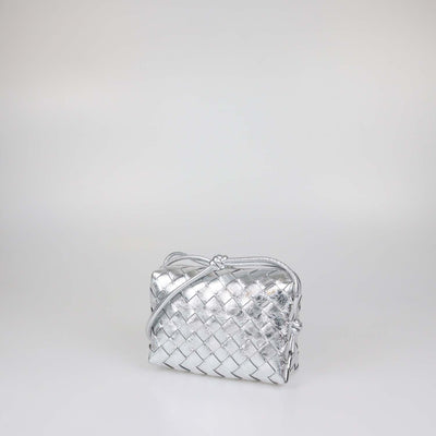 Bottega Veneta Silver Intreccio Leather Mini Loop Camera Bag