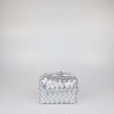 Bottega Veneta Silver Intreccio Leather Mini Loop Camera Bag