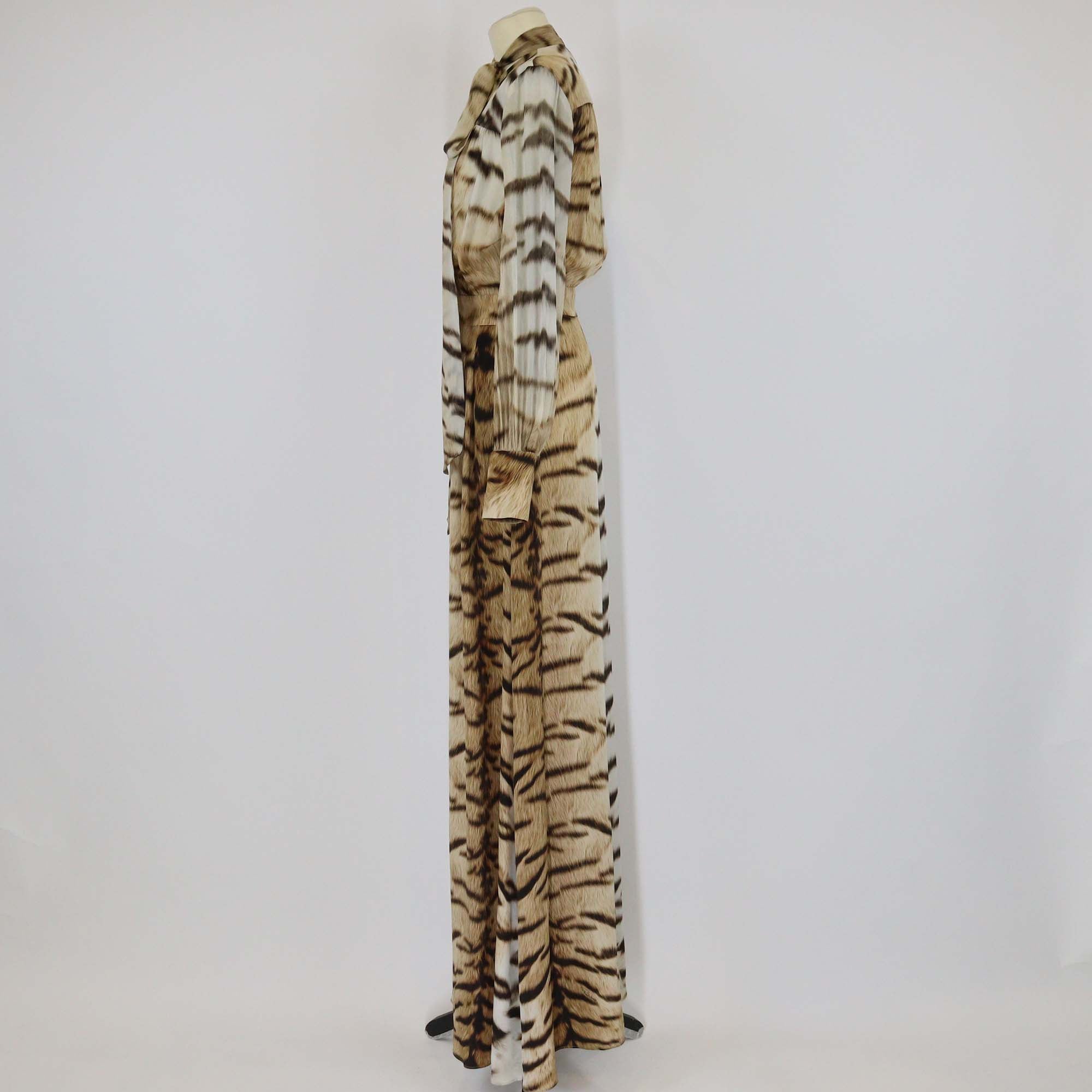 Roberto Cavalli Brown Silk Zebra Print V Neck Tie Maxi Dress