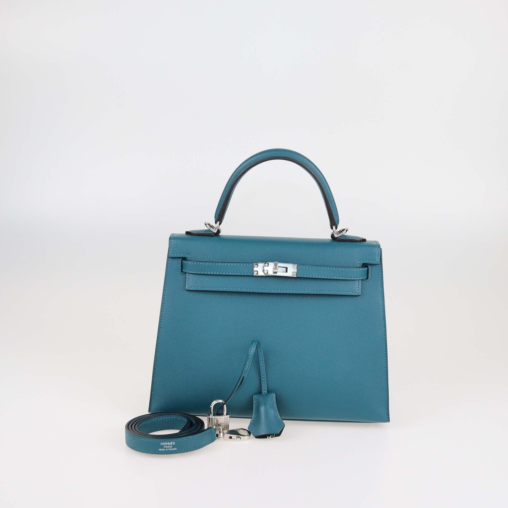 Hermes Vert Bosphore Madame Leather Palladium Finish Kelly II Sellier 25 Bag Womens Hermes 