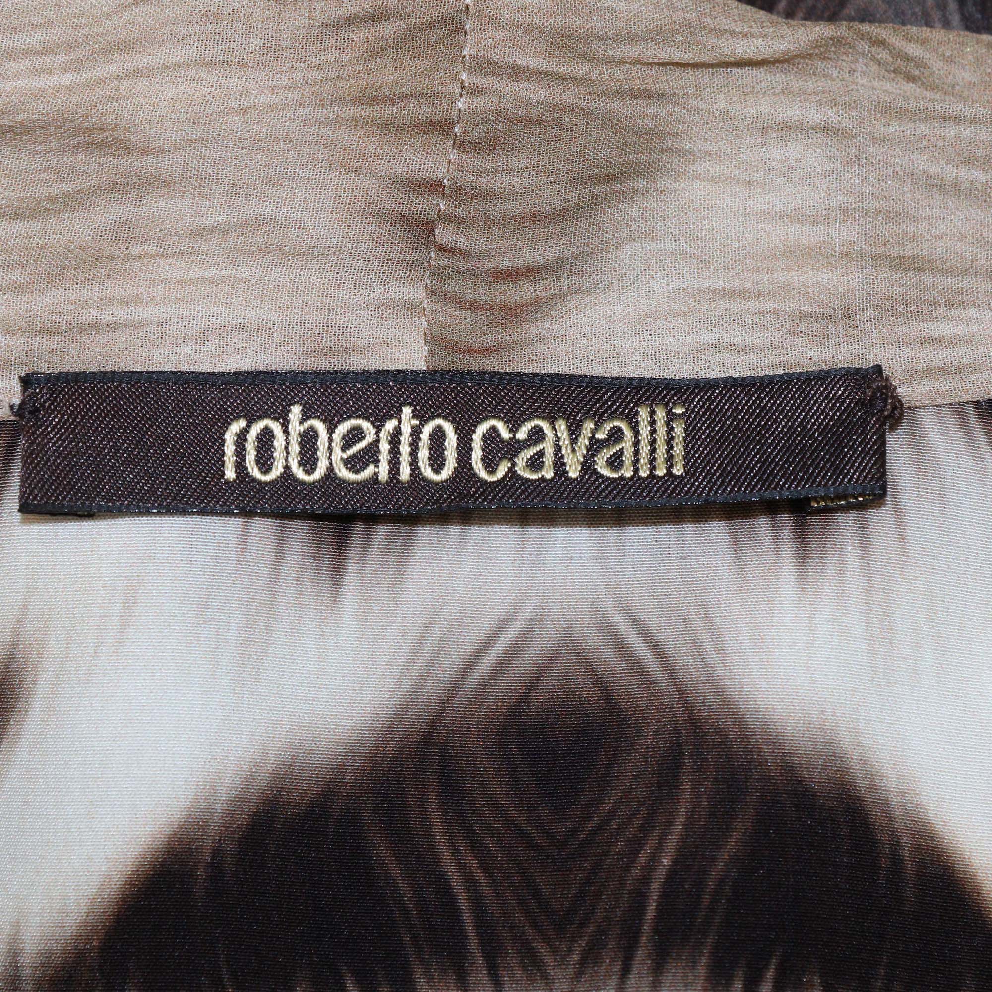 Roberto Cavalli Brown Silk Zebra Print V Neck Tie Maxi Dress