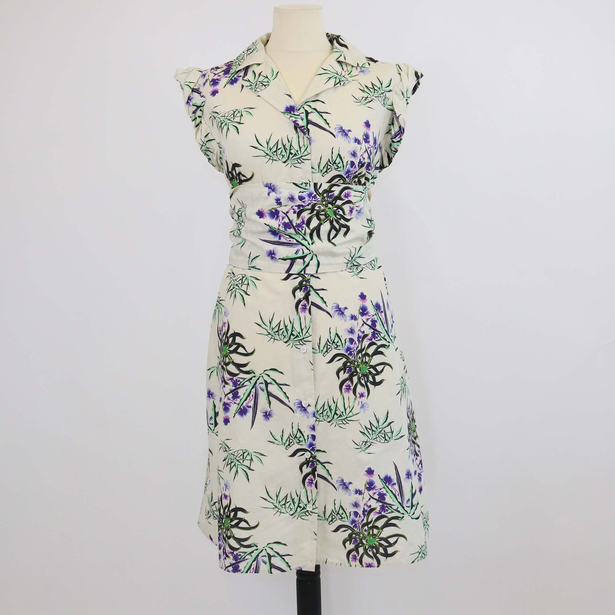 Kenzo Light Green/Multicolor Printed Sleeveless Belted Mini Dress