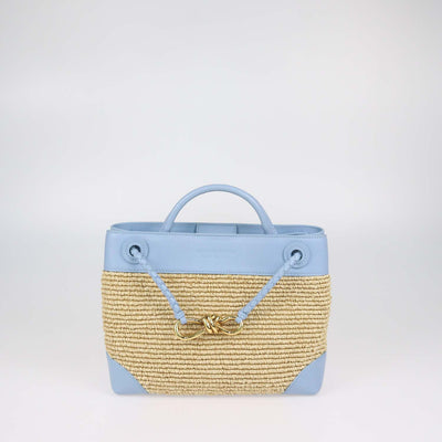 Bottega Veneta Light Blue,Natural Raffia and Leather Small Andiamo Tote