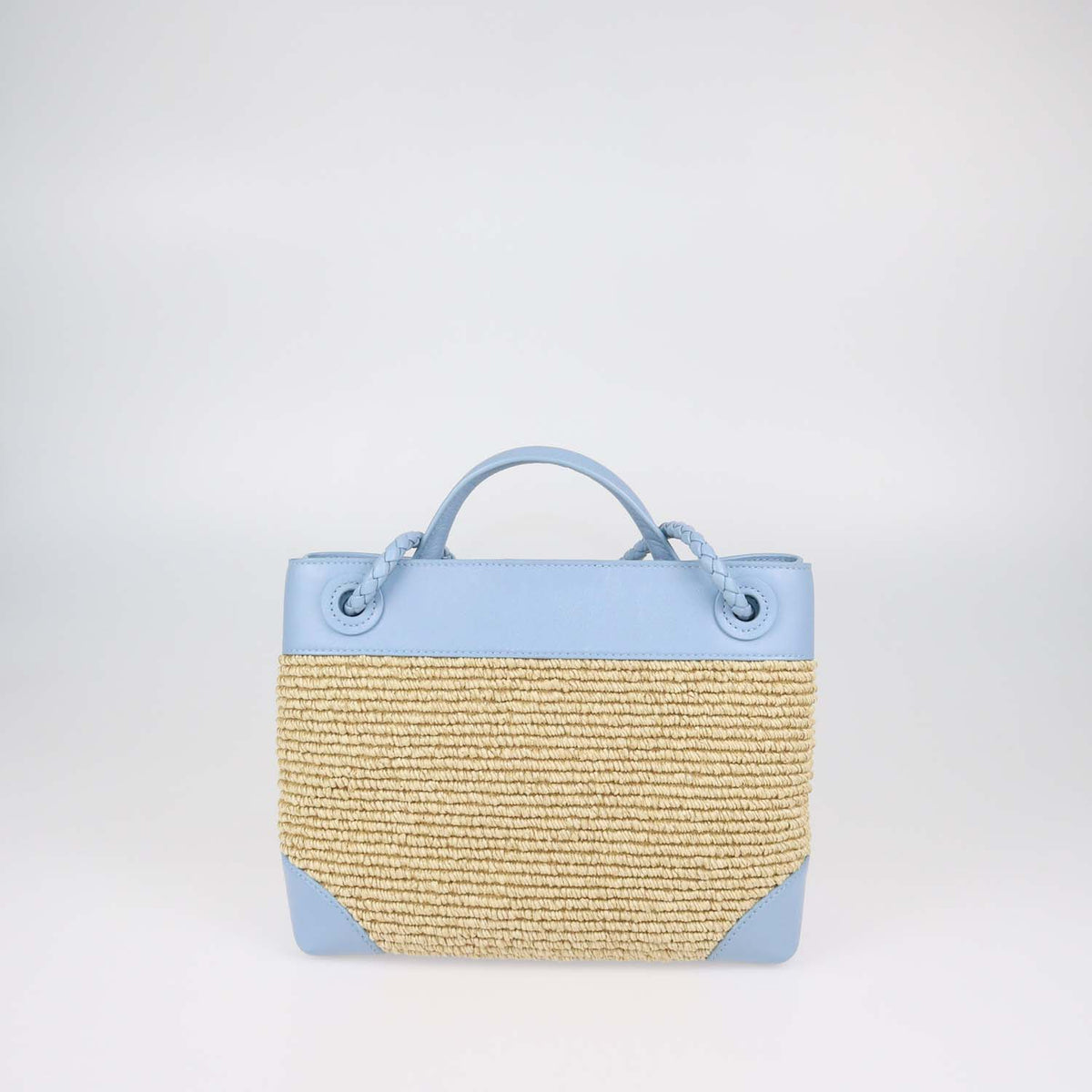 Bottega Veneta Light Blue,Natural Raffia and Leather Small Andiamo Tote