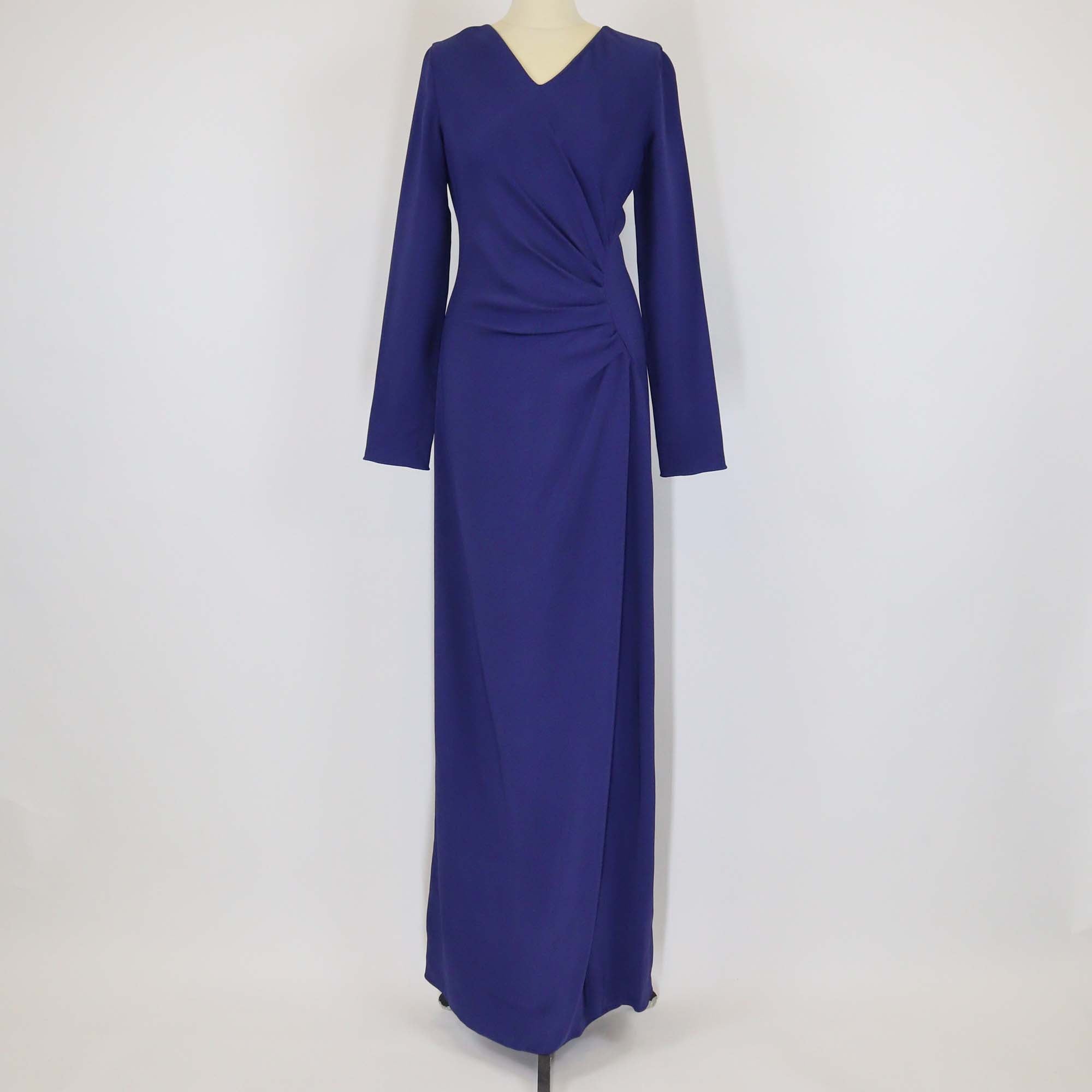Lanvin Dark Blue Viscose Pleated V Neck Long Sleeve Slit Maxi Dress