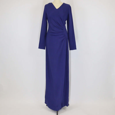 Lanvin Dark Blue Viscose Pleated V Neck Long Sleeve Slit Maxi Dress