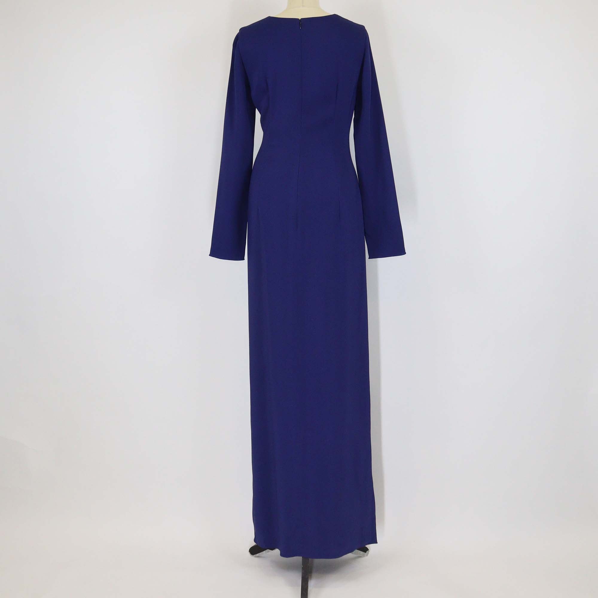 Lanvin Dark Blue Viscose Pleated V Neck Long Sleeve Slit Maxi Dress
