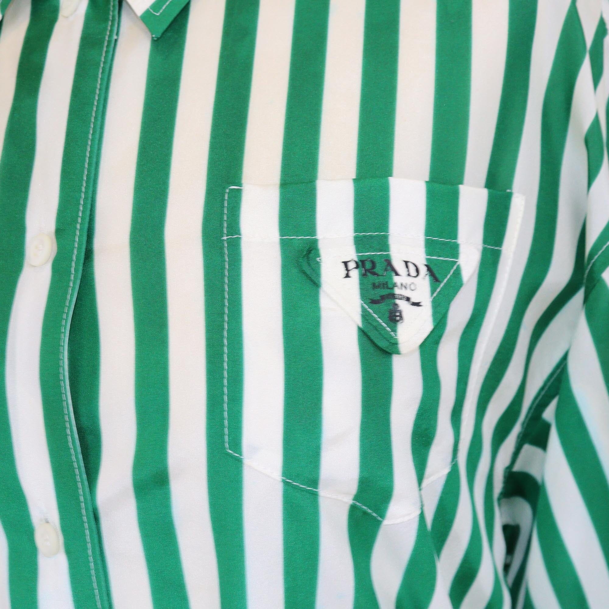Prada Green/White Vertical Stripe Belted Long Sleeve Maxi Shirt Dress Womens Prada 