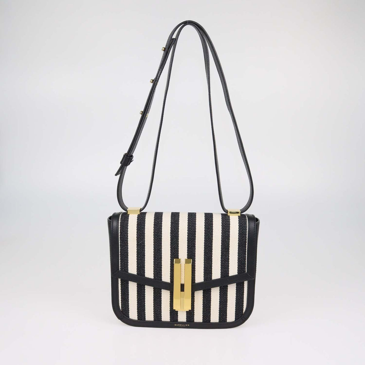 Demellier Black,White Striped Canvas and Leather The Vancouver Shoulder Bag