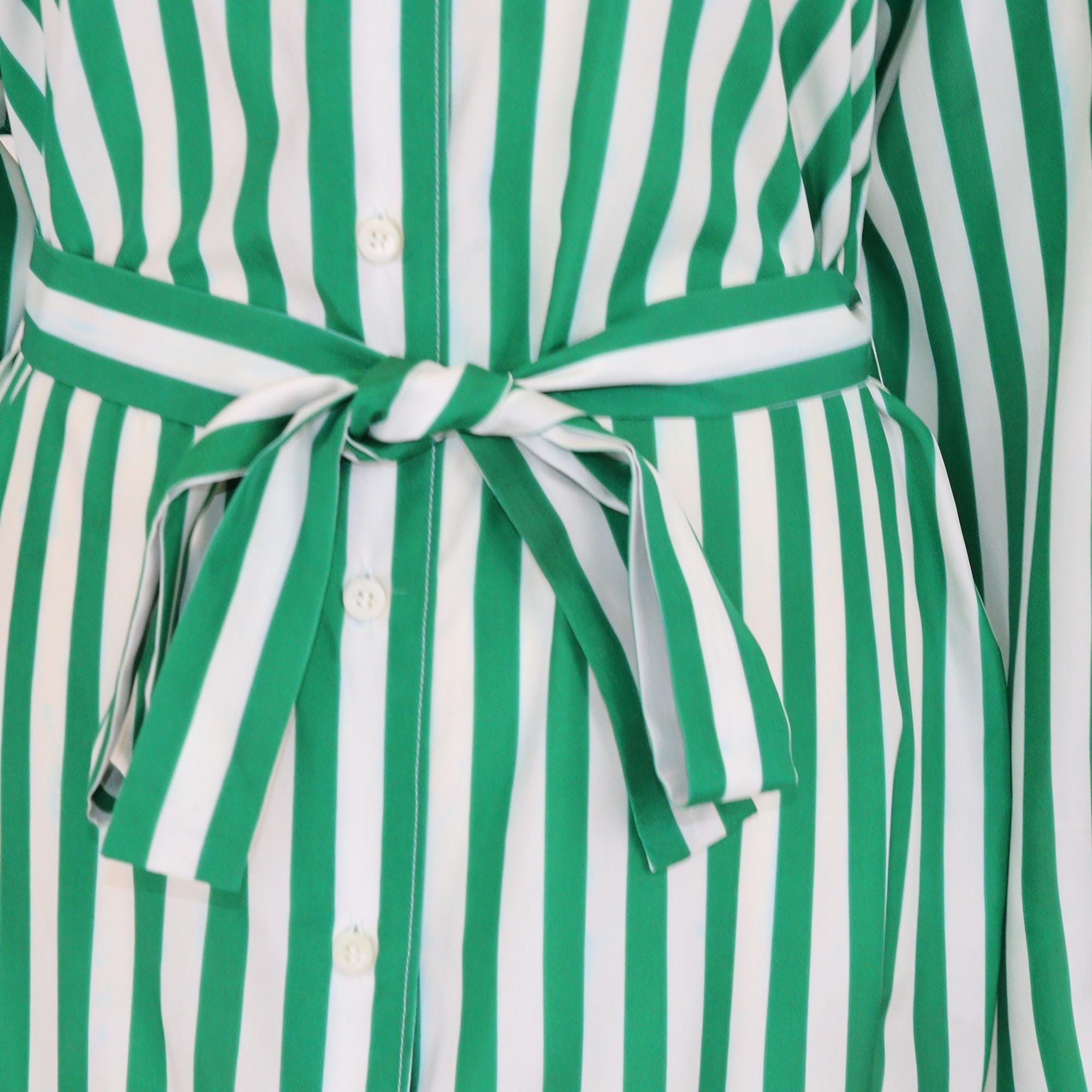 Prada Green/White Vertical Stripe Belted Long Sleeve Maxi Shirt Dress Womens Prada 