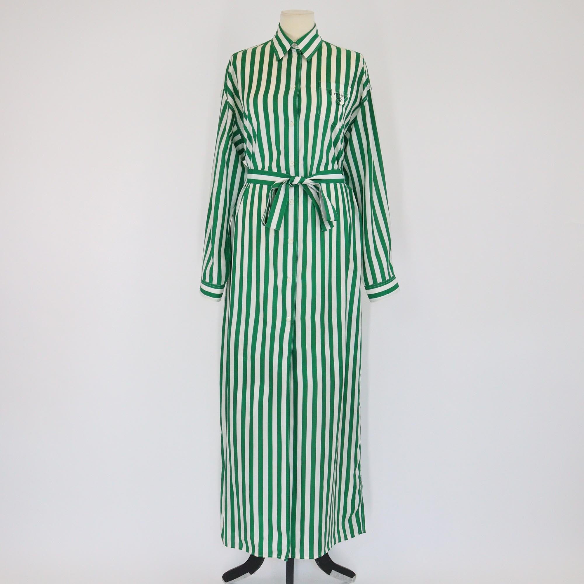 Prada Green/White Vertical Stripe Belted Long Sleeve Maxi Shirt Dress Womens Prada 