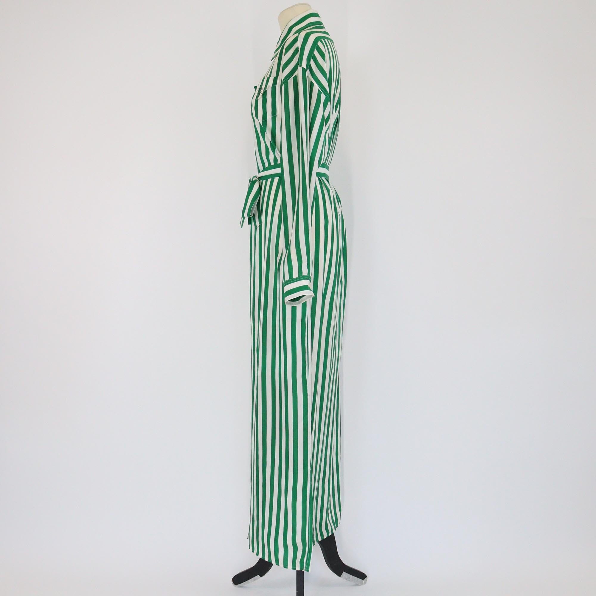Prada Green/White Vertical Stripe Belted Long Sleeve Maxi Shirt Dress Womens Prada 