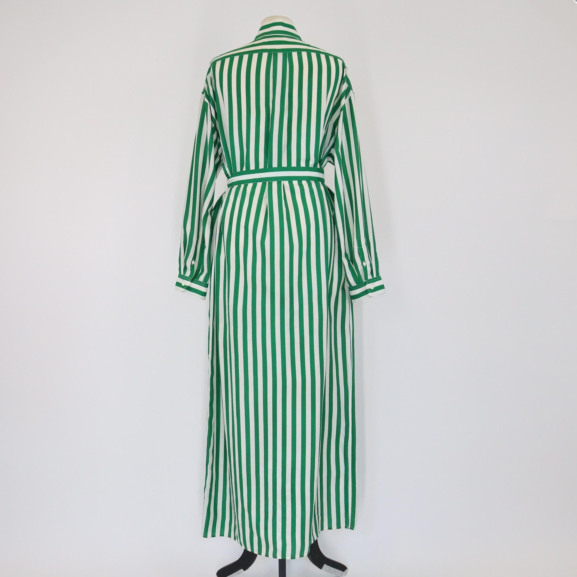 Prada Green/White Vertical Stripe Belted Long Sleeve Maxi Shirt Dress Womens Prada 