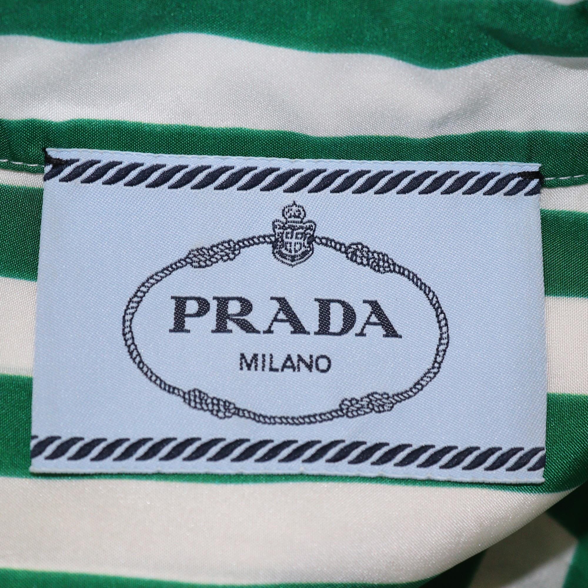 Prada Green/White Vertical Stripe Belted Long Sleeve Maxi Shirt Dress Womens Prada 