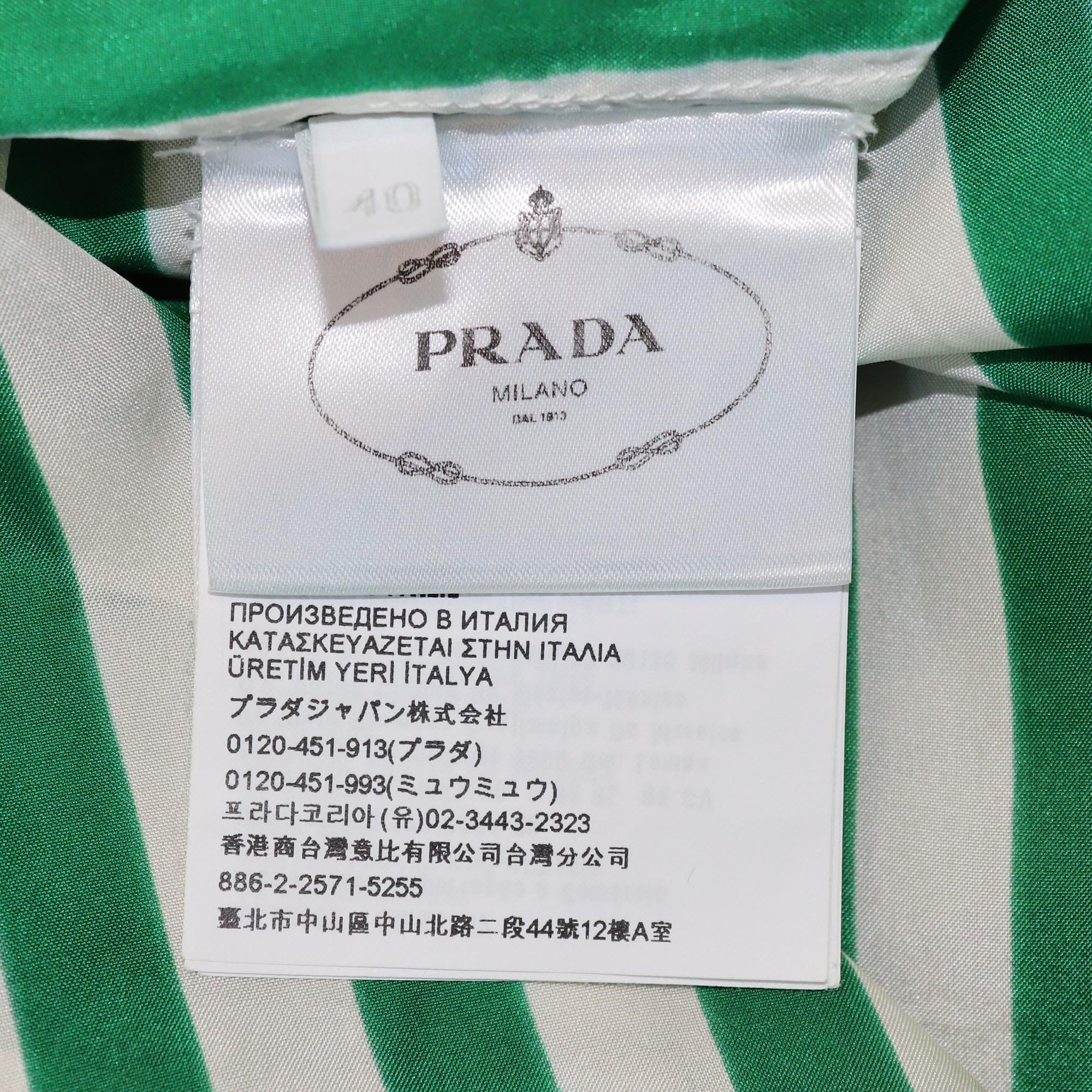 Prada Green/White Vertical Stripe Belted Long Sleeve Maxi Shirt Dress Womens Prada 