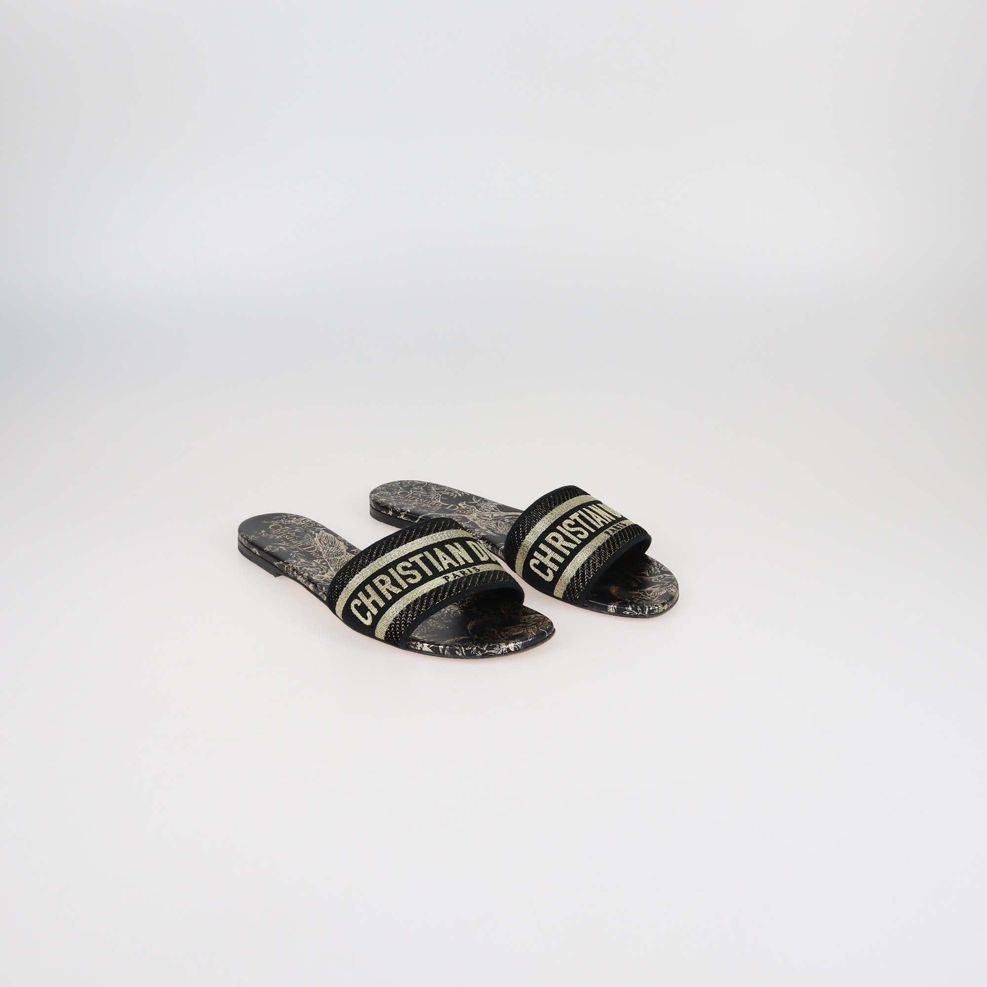 Christian Dior Black/Gold Animal Floral Print Dway Slides Womens Christian Dior 
