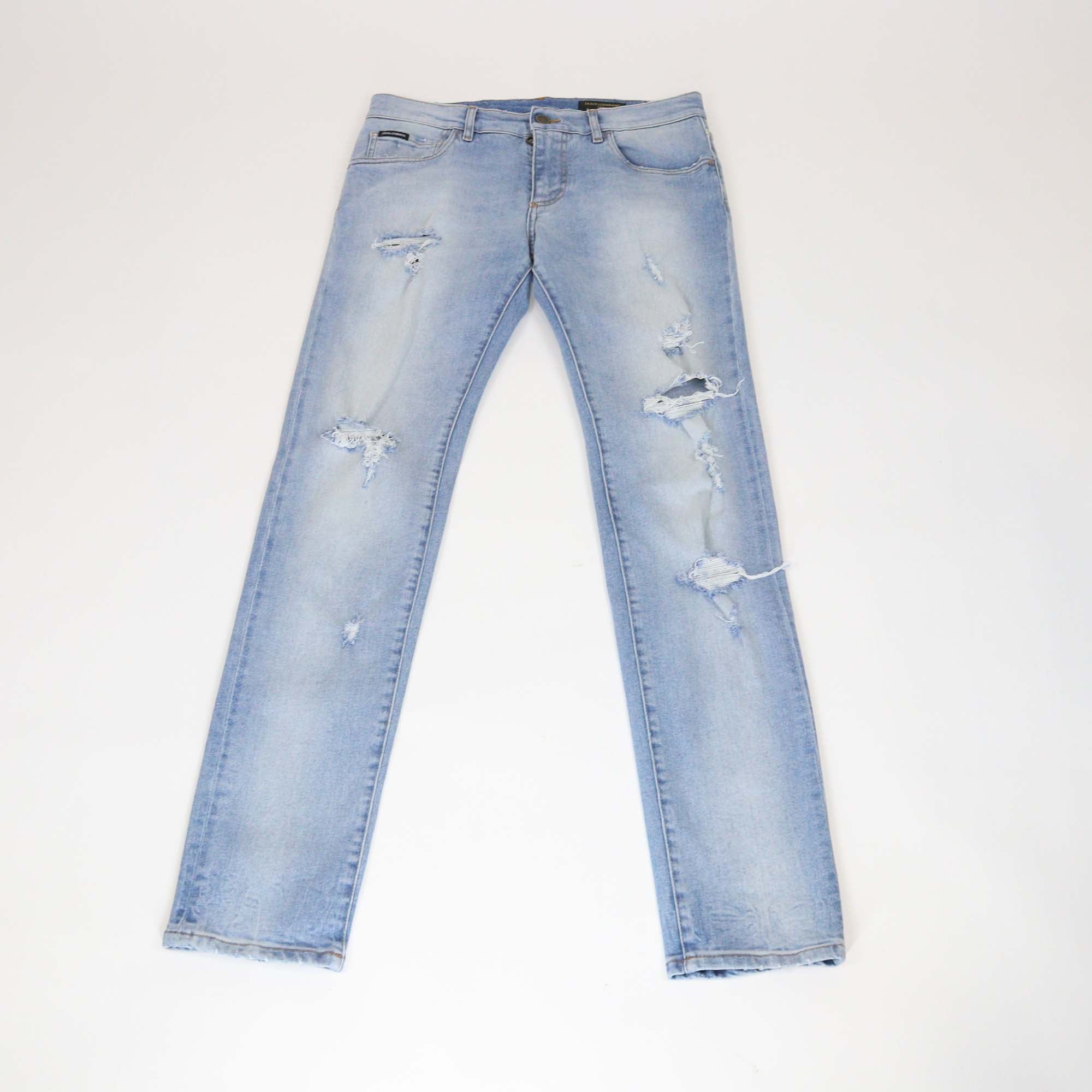 Dolce & Gabbana Blue Washed Denim Ripped Skinny Fit Pants