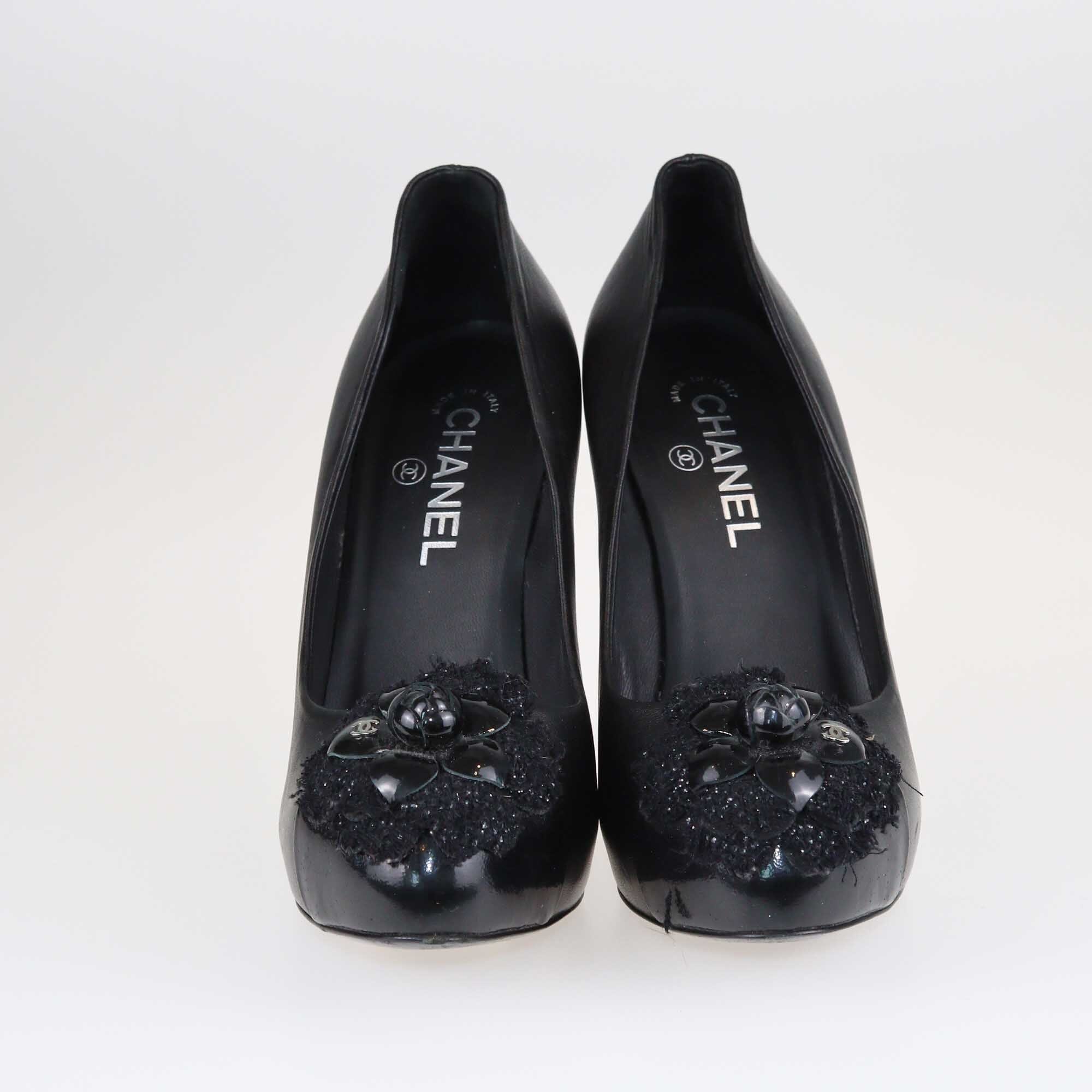 Chanel Black Camellia Cap Toe Platform Pumps Shoes Chanel 