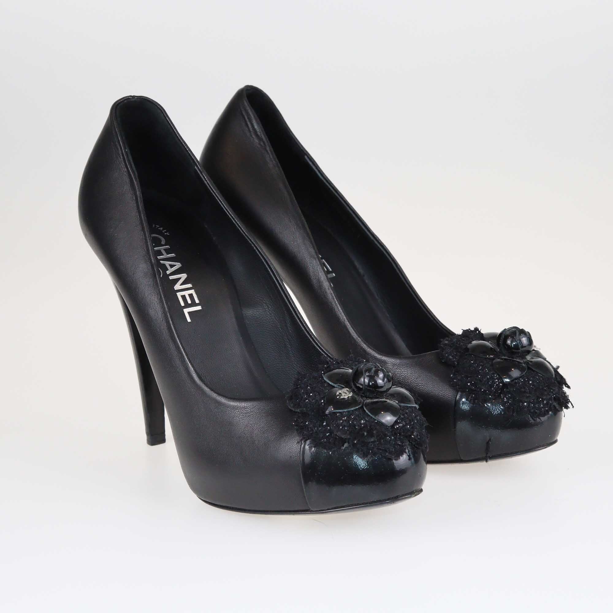 Chanel Black Camellia Cap Toe Platform Pumps Shoes Chanel 