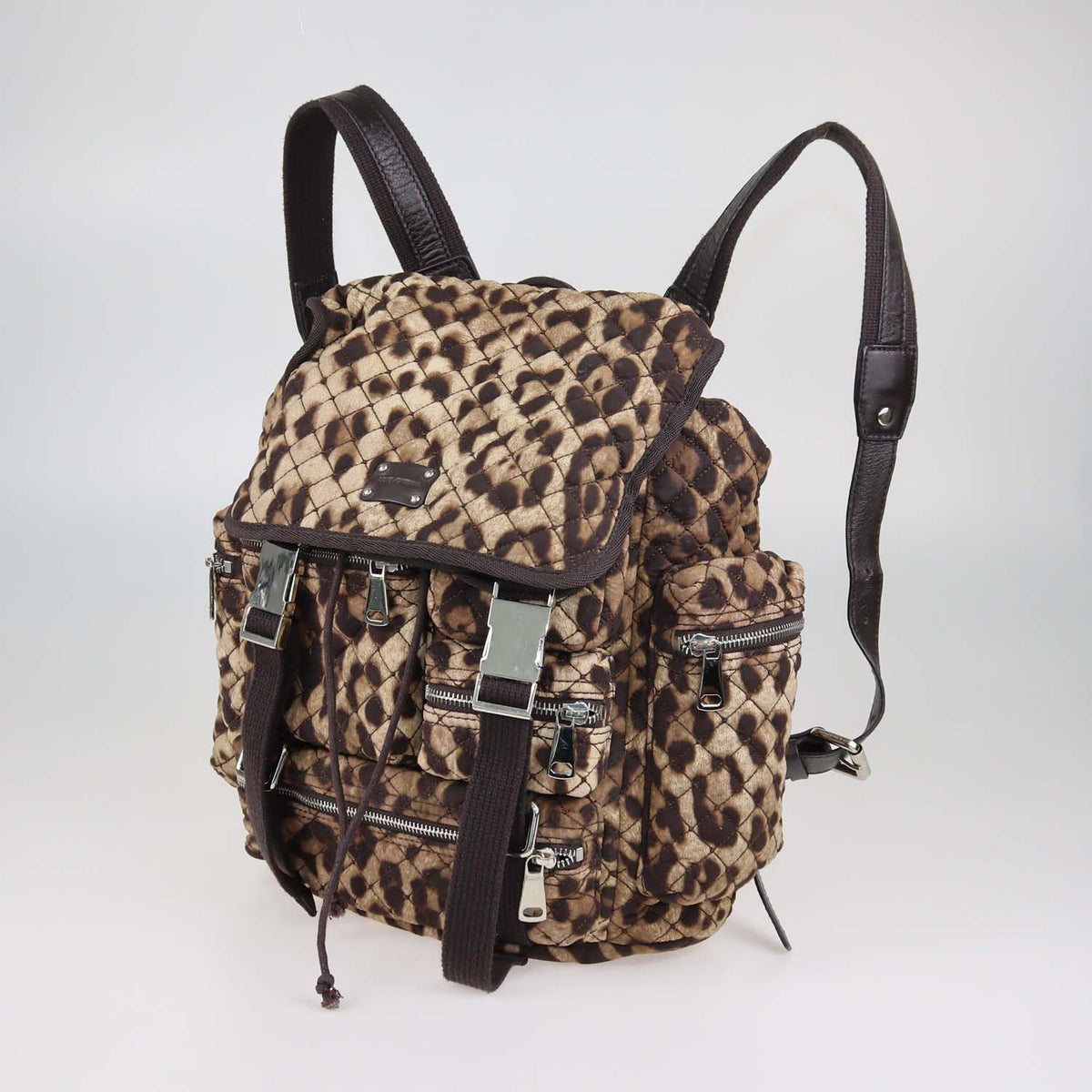 Dolce & Gabbana Brown Quilted Leopard Print Fabric Cargo Backpack