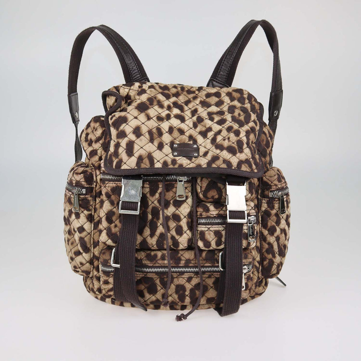 Dolce & Gabbana Brown Quilted Leopard Print Fabric Cargo Backpack