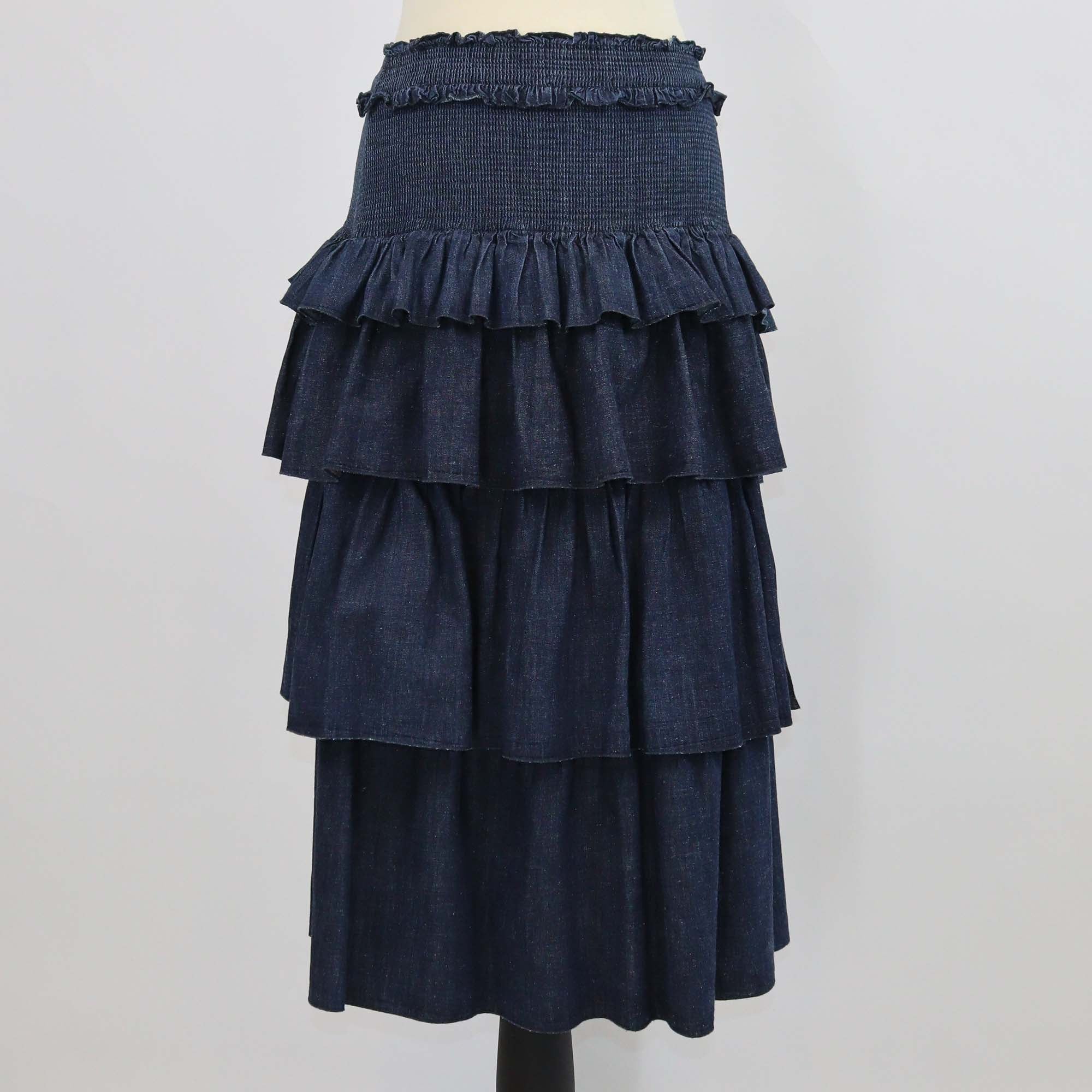 See by Chloe Dark Blue Denim Pintuck Ruffle Tiered Skirt