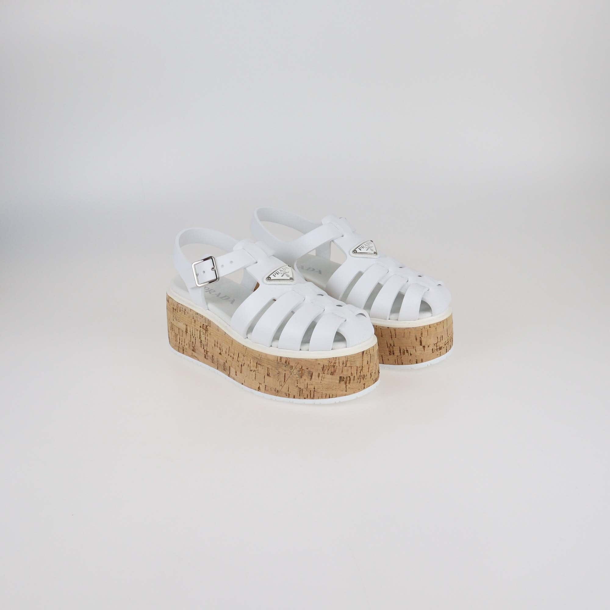 Prada White Rubber Monolith Cork Platform Ankle Strap Sandals Womens Prada 