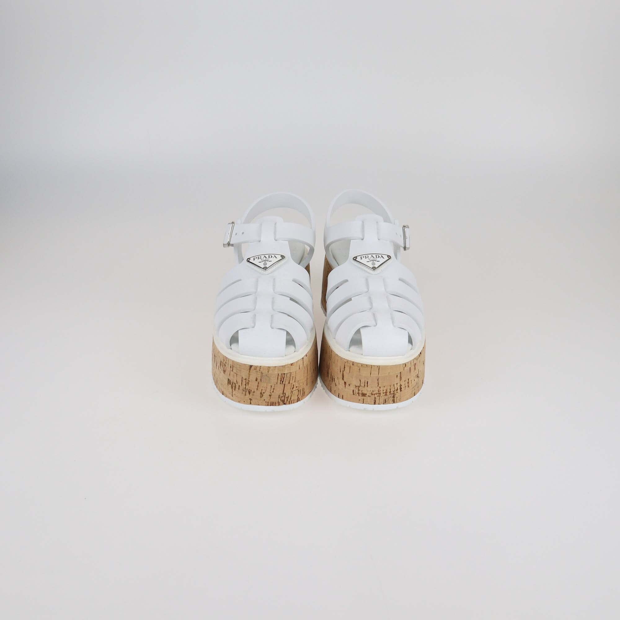 Prada White Rubber Monolith Cork Platform Ankle Strap Sandals Womens Prada 