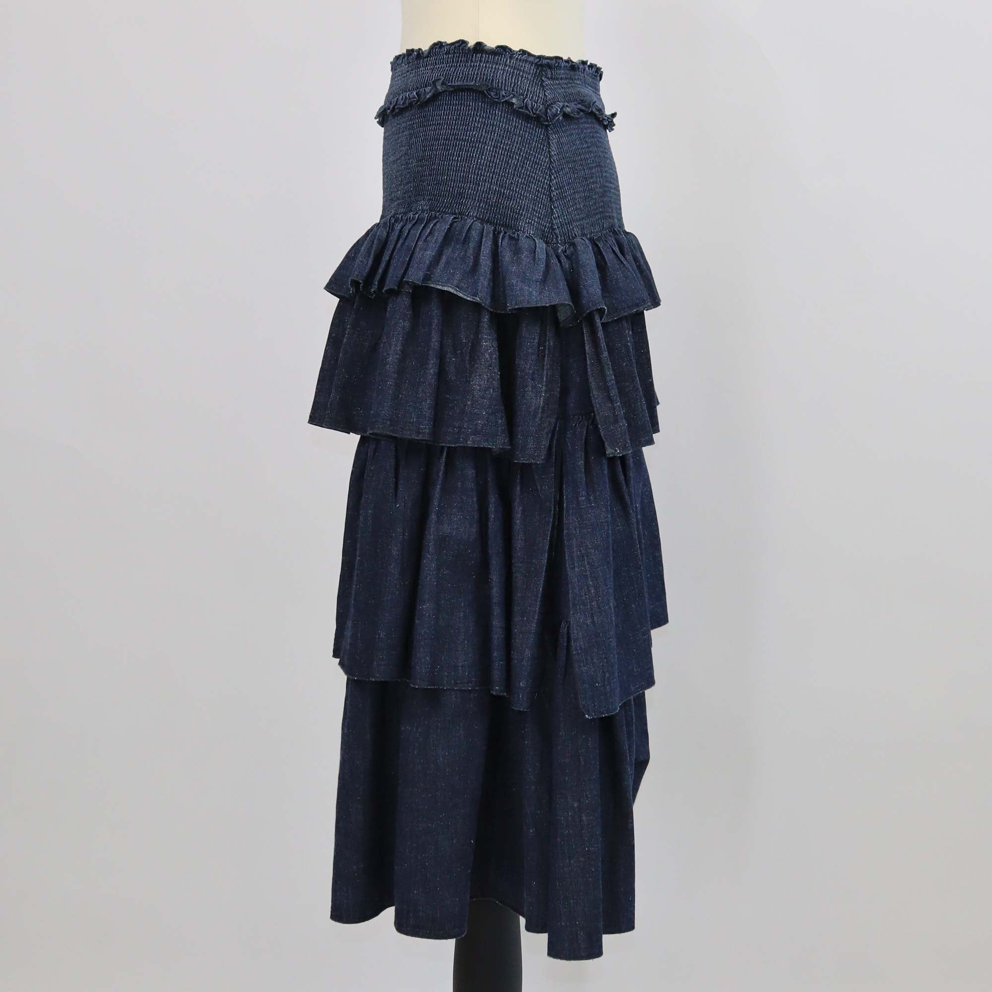 See by Chloe Dark Blue Denim Pintuck Ruffle Tiered Skirt