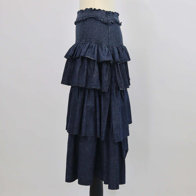 See by Chloe Dark Blue Denim Pintuck Ruffle Tiered Skirt